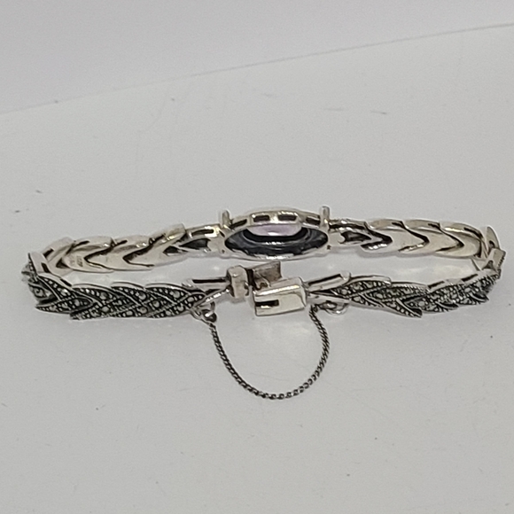 Vintage Art Deco Sterling Silver Purple Amethyst Marcasite Crystal Bracelet - Picture 6 of 15